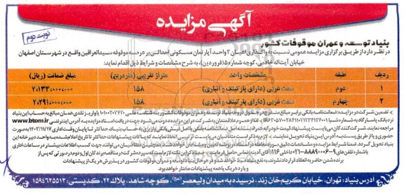 مزایده واگذاری اعیان 2 واحد آپارتمان مسکونی احداثی - نوبت دوم 