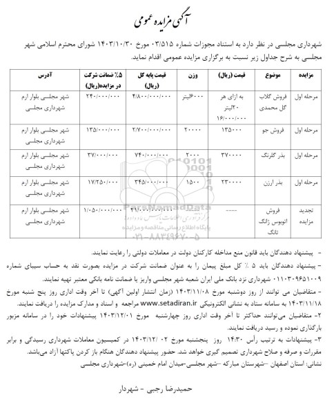 مزایده فروش گلاب گل محمدی...