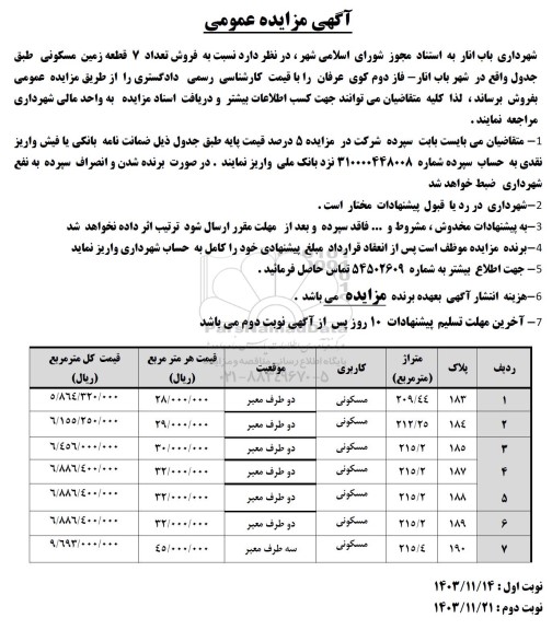 مزایده فروش تعداد 7 قطعه زمین مسکونی