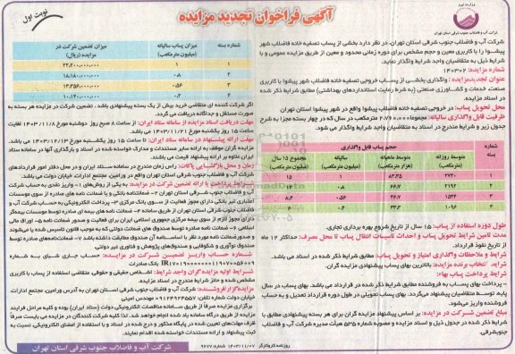 مزایده بخشی از پساب تصفیه خانه فاضلاب شهر...-تجدید