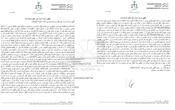 مزایده فروش ششدانگ یک قطعه آپارتمان مسکونی به پلاک ثبتی 1046 فرعی از 4413 اصلی 