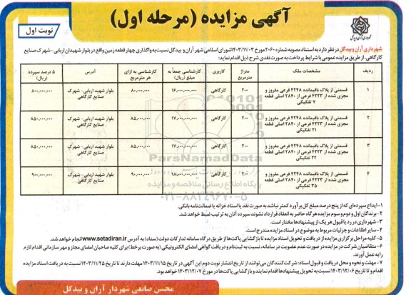 مزایده واگذاری 5 قطعه زمین
