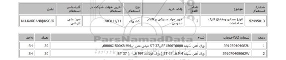 استعلام انواع مصالح ومقاطع فلزی ساختمان