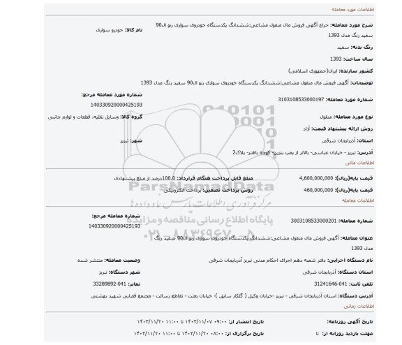 مزایده، آگهی فروش مال منقول مشاعی:ششدانگ یکدستگاه خودروی سواری رنو ال90 سفید رنگ مدل 1393