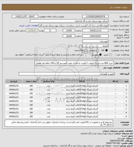 استعلام خرید 800 عدد اورینگ ویتون با کیفیت حداکثری جهت کمپرسور گاز و 100 حلقه نوار تفلونی