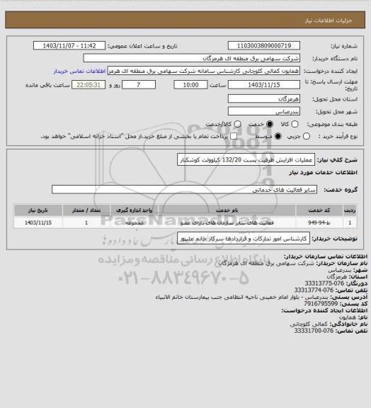 استعلام عملیات افزایش ظرفیت پست 132/20 کیلوولت کوشکنار