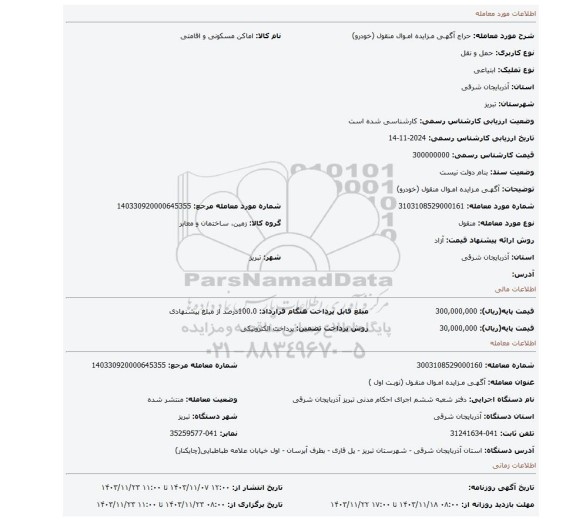 مزایده، آگهـی مـزایده امـوال منقول (خودرو)