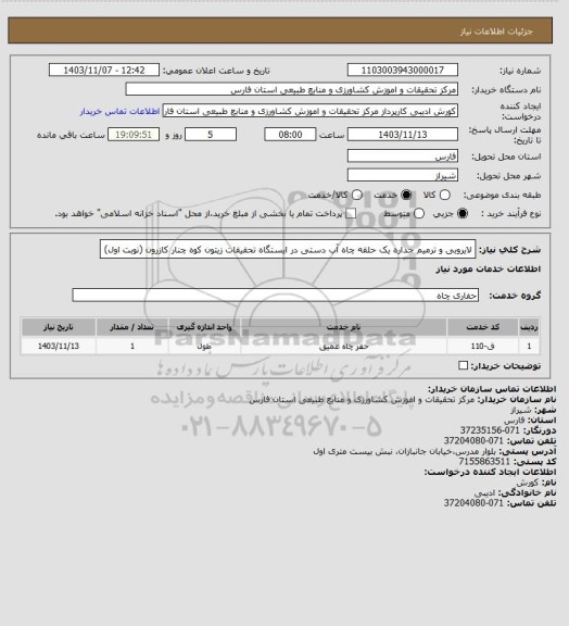 استعلام  لایروبی و ترمیم جداره یک حلقه چاه آب دستی در ایستگاه تحقیقات زیتون کوه چنار کازرون (نوبت اول)