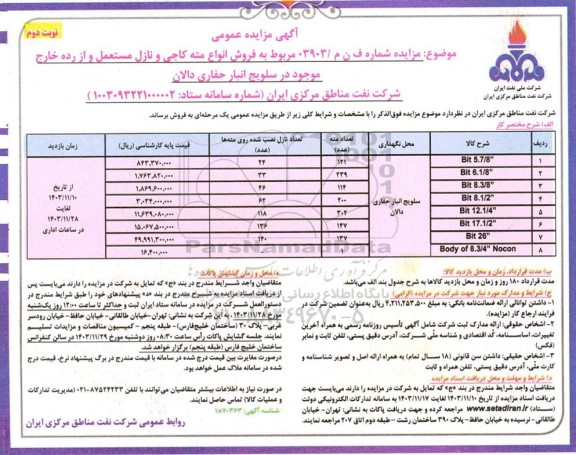 مزایده فروش انواع  مته کاجی و نازل مستعمل و از رده خارج - نوبت دوم