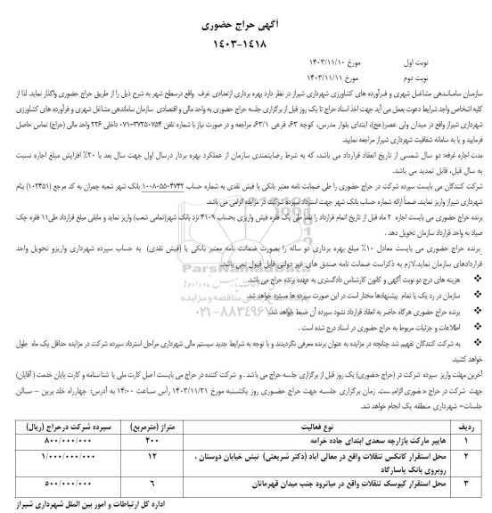 حراج حضوری بهره برداری از تعدادی غرف واقع در سطح شهر 
