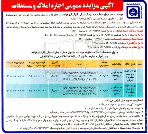 مزایده عمومی اجاره املاک و مستغلات