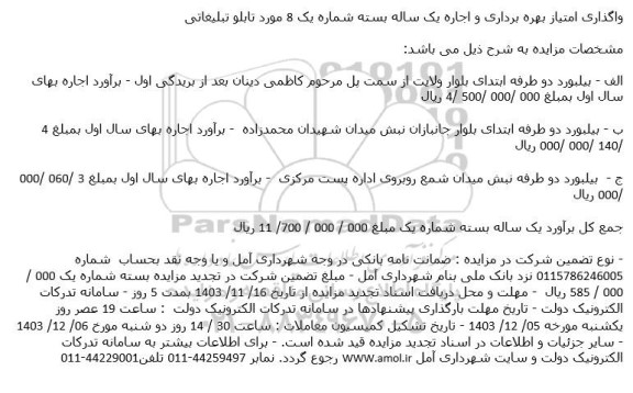 مزایده واگذاری امتیاز بهره برداری و اجاره یک ساله بسته شماره یک 8 ...