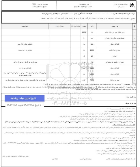 استعلام درخواست تعیین پیمانکار ارتباط فیبر نوری خنامان به روستاهای علی آباد