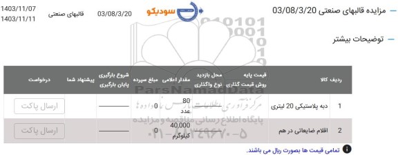 مزایده اقلام ضایعاتی شامل دبه پلاستیکی ...