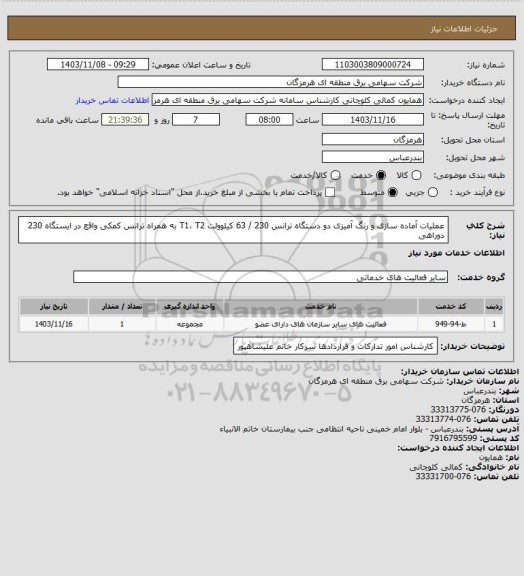 استعلام عملیات آماده سازی و رنگ آمیزی دو دستگاه ترانس 230 / 63 کیلوولت T1، T2 به همراه ترانس کمکی واقع در ایستگاه 230 دوراهی