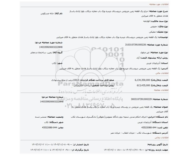 مزایده، یک قطعه زمین مزروعی درروستای چپدره ویک باب معازه درتکاب بلوار ازادی پاساژ هادی متعلق به اقای میرزایی
