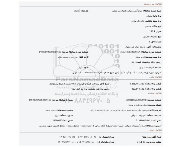 مزایده، آگهی مزایده اموال غیر منقول