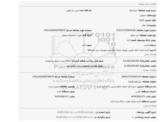 مزایده، ملک