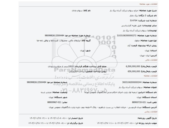 مزایده، سهام شرکت آسان پیک بار