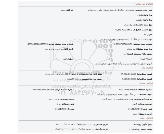 مزایده، شش دانگ یک باب مغازه تجاری واقع در رستم آباد