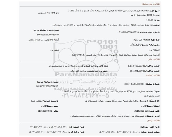 مزایده، مقدار مشاعی 4658 ده هزارم دانگ مشاع از 3 دانگ مشاع از 6 دانگ پلاک 3 فرعی از 1088 اصلی بخش 5 یزد