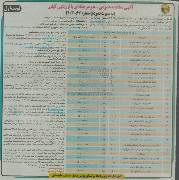 مناقصه  خرید انواع یراق آلات کابل خودنگهدار