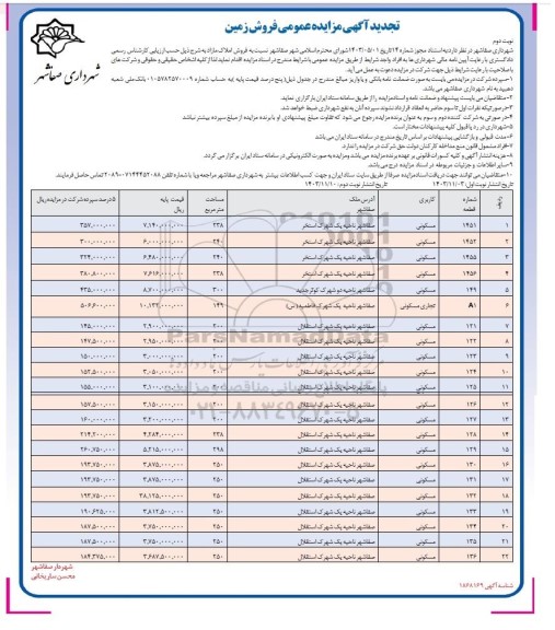 تجدید آگهی مزایده عمومی فروش زمین با کاربری مسکونی / مسکونی، تجاری نوبت دوم 