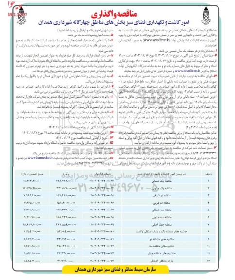 مناقصه واگذاری امور کاشت و نگهداری فضای سبز بخش های مناطق چهارگانه 