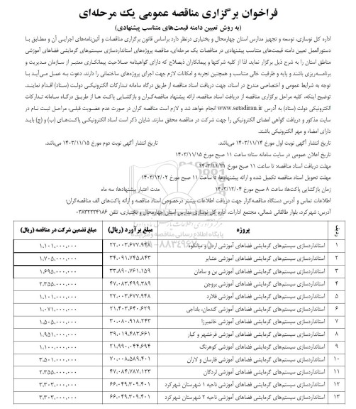 فراخوان مناقصه استاندارد سازی سیستمهای گرمایشی فضاهای آموزشی...