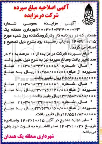 مزایده واگذاری سه قطعه زمین مسکونی اصلاحیه