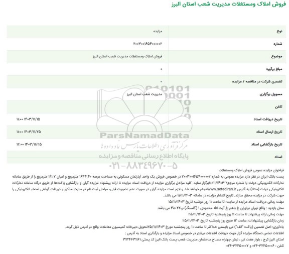مزایده فروش املاک و مستغلات