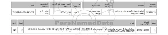 استعلام انواع شیرها واکچویتورهای ابزاردقیقی وقطعات مربوطه