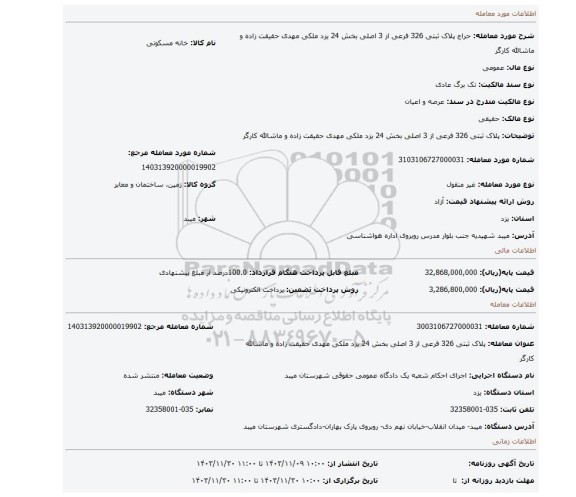 مزایده، پلاک ثبتی 326 فرعی از 3 اصلی بخش 24 یزد ملکی مهدی حقیقت زاده و ماشالله کارگر