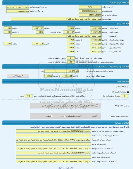 مزایده ، فروش بخشی از اراضی شهر داری( سه قطعه) -مزایده زمین  - استان تهران