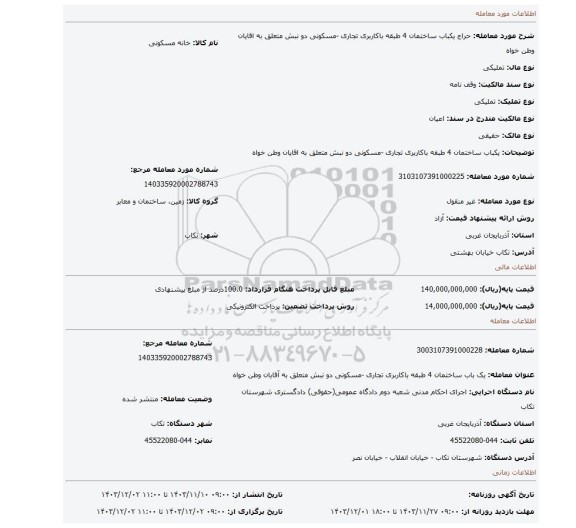 مزایده، یکباب ساختمان 4 طبقه باکاربری تجاری -مسکونی دو نبش متعلق به اقایان وطن خواه