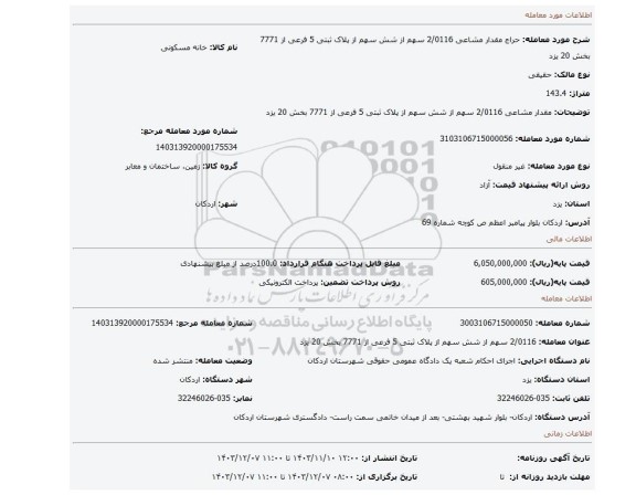 مزایده، مقدار مشاعی 2/0116 سهم از شش سهم از پلاک ثبتی 5 فرعی از 7771 بخش 20 یزد