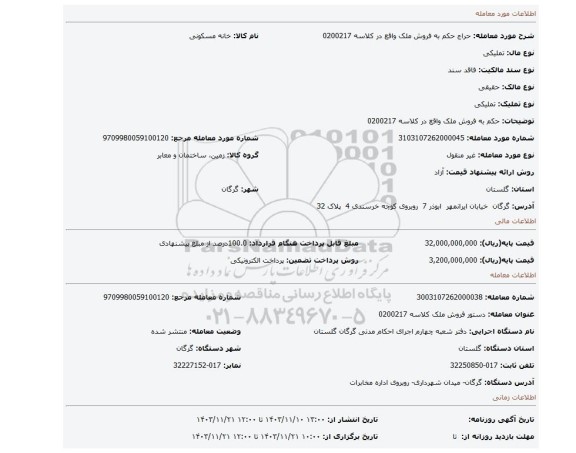 مزایده، حکم به فروش ملک واقع در کلاسه 0200217