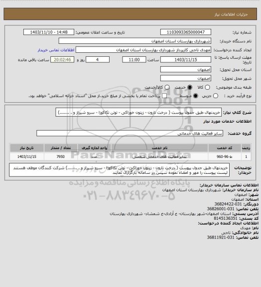 استعلام   خریدنهال طبق جدول پیوست ( درخت نارون - زیتون خوراکی - توتن تکاکوزا - سرو شیراز و . .......)