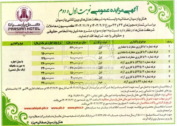 مزایده اجاره غرفه شماره 1 با کاربری متعارف با هتلداری...