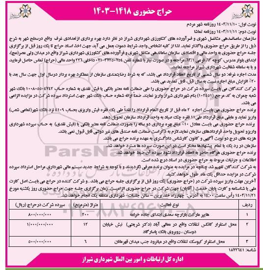 حراج حضوری بهره برداری از تعدادی غرف واقع در سطح شهر  نوبت دوم 