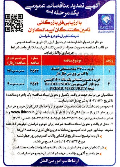 تمدید مناقصه خرید 37000 جفت دستکش کشباف با کف پی وی سی خال دار ...