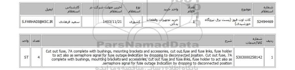 استعلام کات اوت فیوز (پست برق نیروگاه خورشیدی)