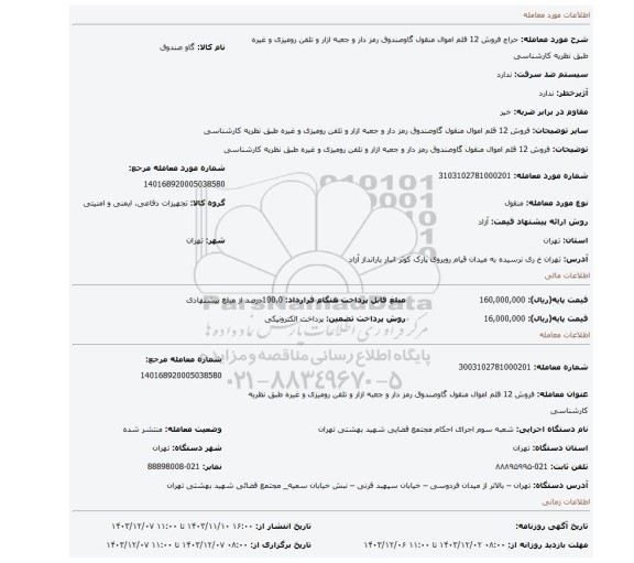 مزایده، فروش 12 قلم اموال منقول گاوصندوق رمز دار و جعبه ازار و تلفن رومیزی و غیره طبق نظریه کارشناسی