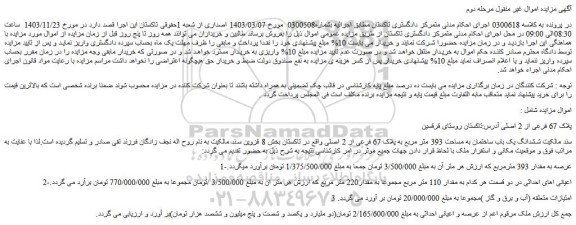 مزایده ششدانگ یک باب ساختمان به مساحت 393 متر مربع به پلاک 67 فرعی از 2 اصلی