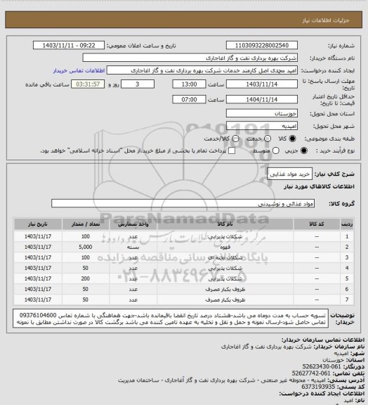 استعلام خرید مواد غذایی