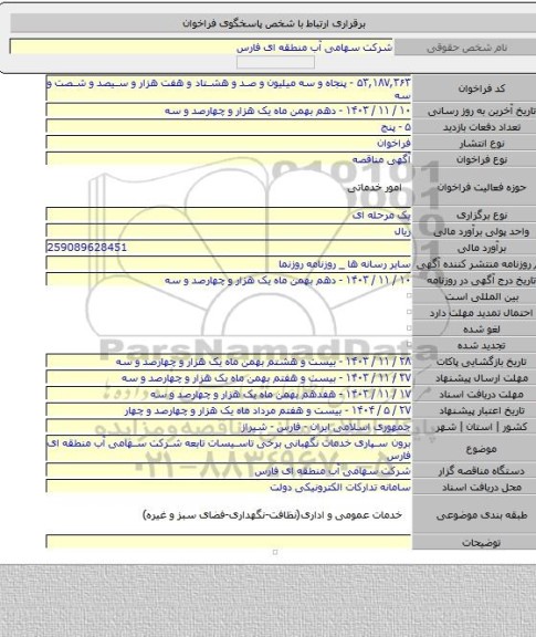 مناقصه, برون سپاری خدمات نگهبانی برخی تاسیسات تابعه شرکت سهامی آب منطقه ای فارس