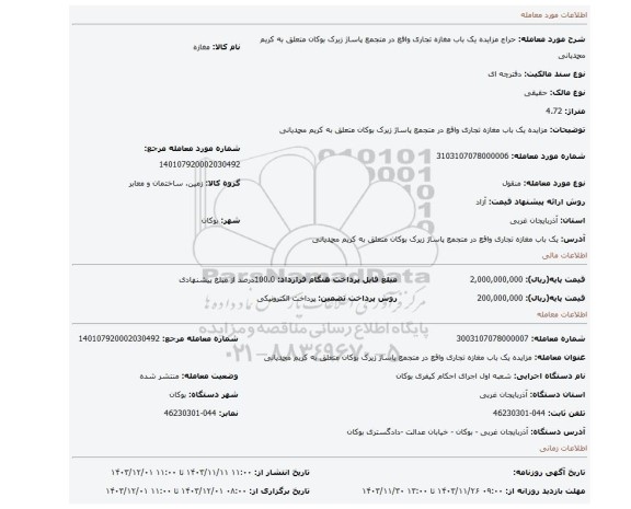 مزایده، مزایده یک باب مغازه تجاری واقع در متجمع پاساژ زیرک بوکان متعلق به کریم محمدیانی
