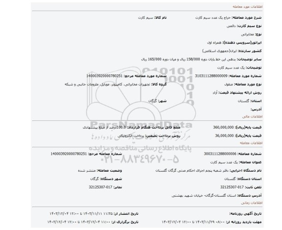 مزایده، یک عدد سیم کارت