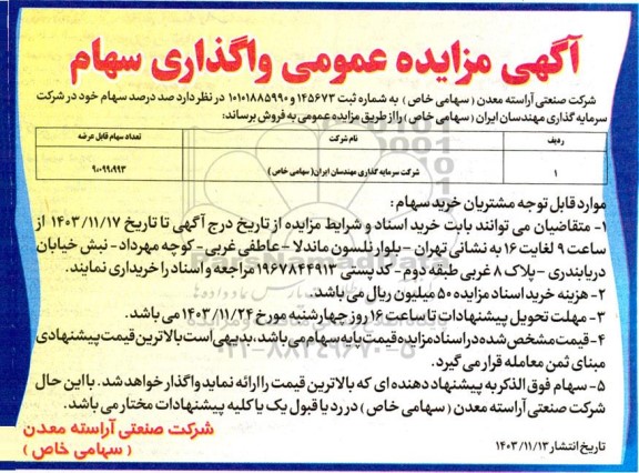 آگهی مزایده عمومی واگذاری سهام 