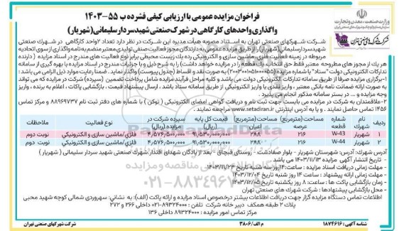 مزایده واگذاری واحدهای کارگاهی در شهرک صنعتی شهید سردار سلیمانی